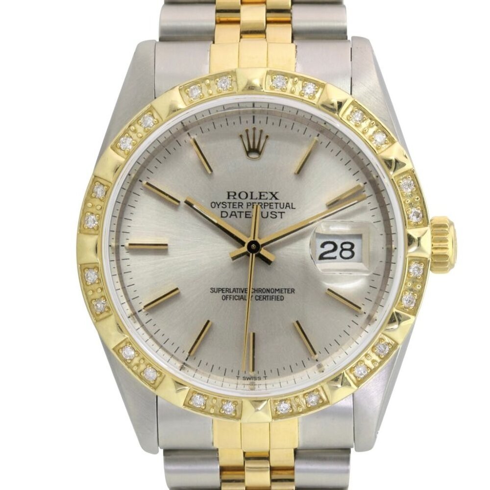 ROLEX DATEJUST SILVER INDEX DIAL PYRAMID-DIAMOND 18KY-STEEL JUBILEE 36 MM 16233